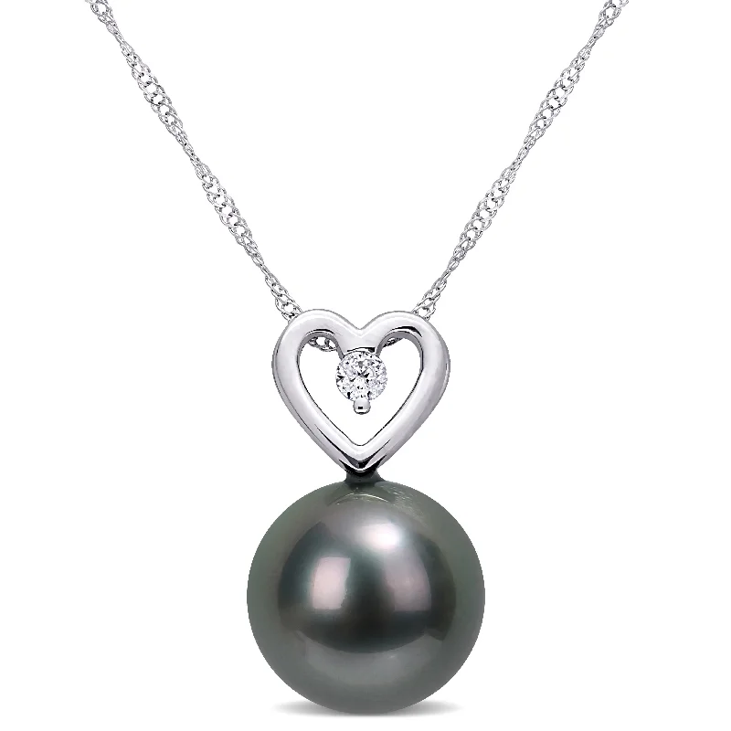 Miadora Tahitian Cultured Pearl & Diamond Accent Heart Drop Necklace in 10k White Gold (9.5-10mm)