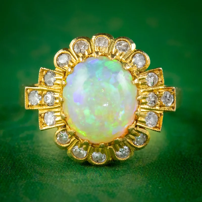 Bow motif rings-Vintage Opal Diamond Cluster Ring 18ct Gold 2.50ct Natural Opal