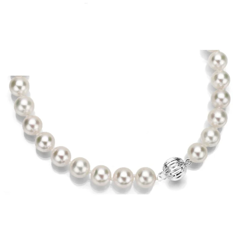 DaVonna Sterling Silver 9-9.5mm Round AAA White Japanese Cultured Akoya Pearl Necklace