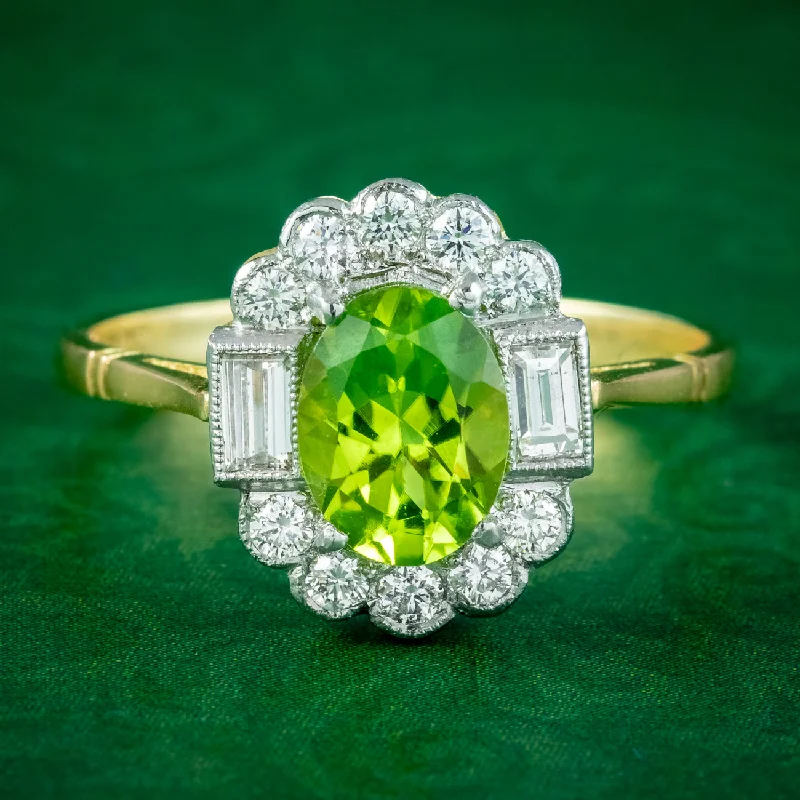 Full moon rings-Art Deco Style Peridot Diamond Cluster Ring 1.3ct Peridot