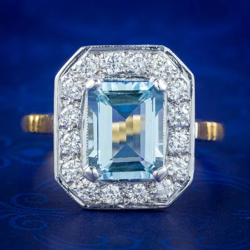 Bold geometric rings-Art Deco Style Aquamarine Diamond Ring 3ct Aquamarine