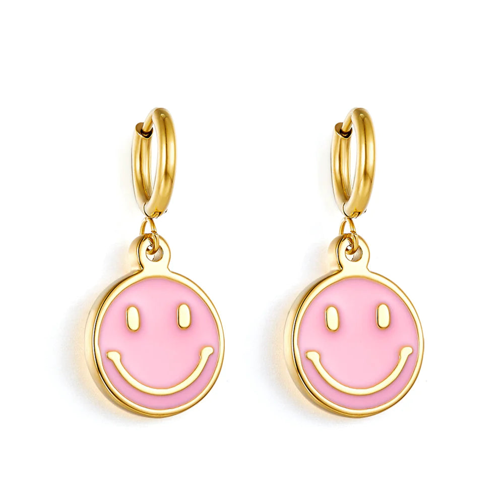 Worn medallion earrings-Hypoallergenic Bubblegum Smiley Face Earrings