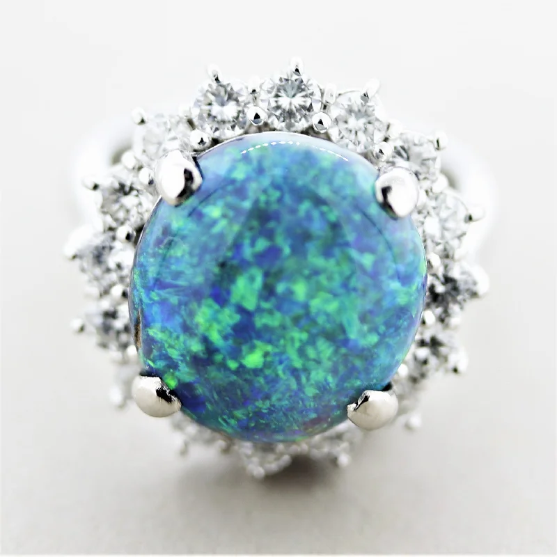 Elegant design rings-Blue-Green Australian Opal Diamond Halo Platinum Ring