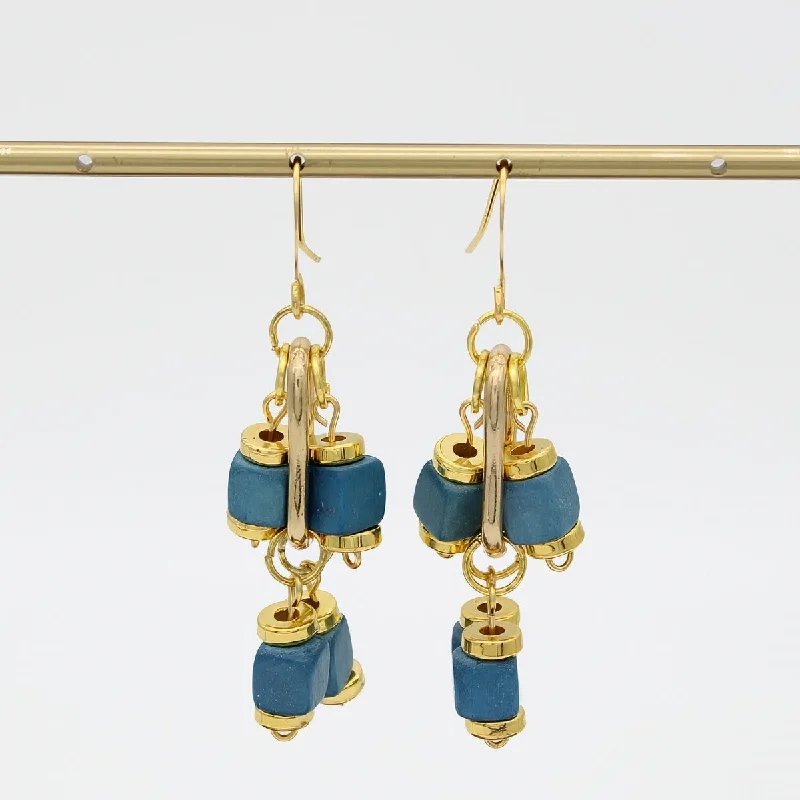 Thick dangle earrings-Blue Golden Threads Earring