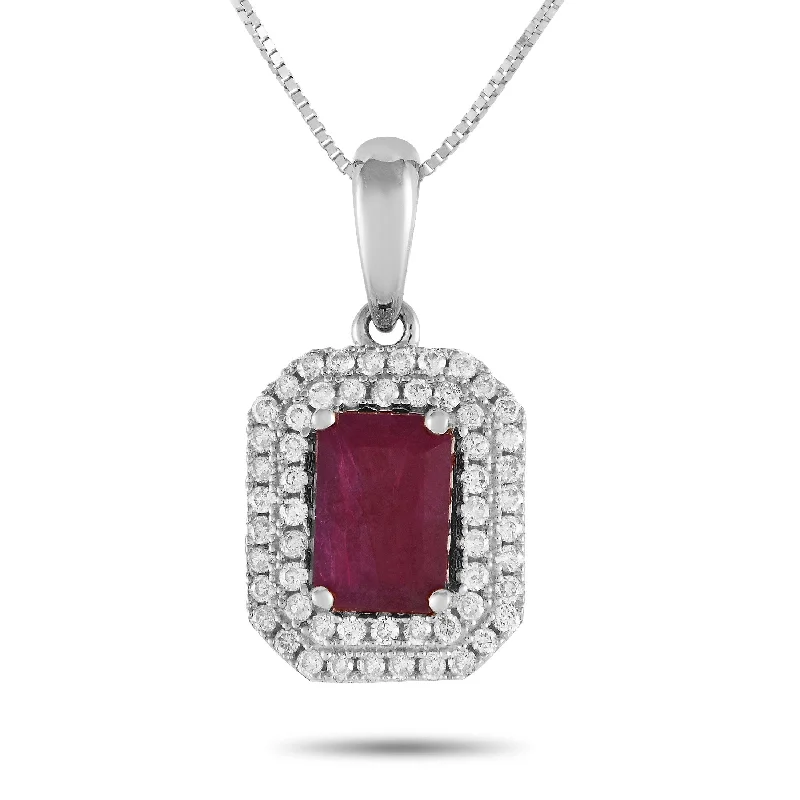 White Gold 0.24ct Diamond and Emerald-Cut Ruby Necklace PD4-15905WRU Length 16 Inch