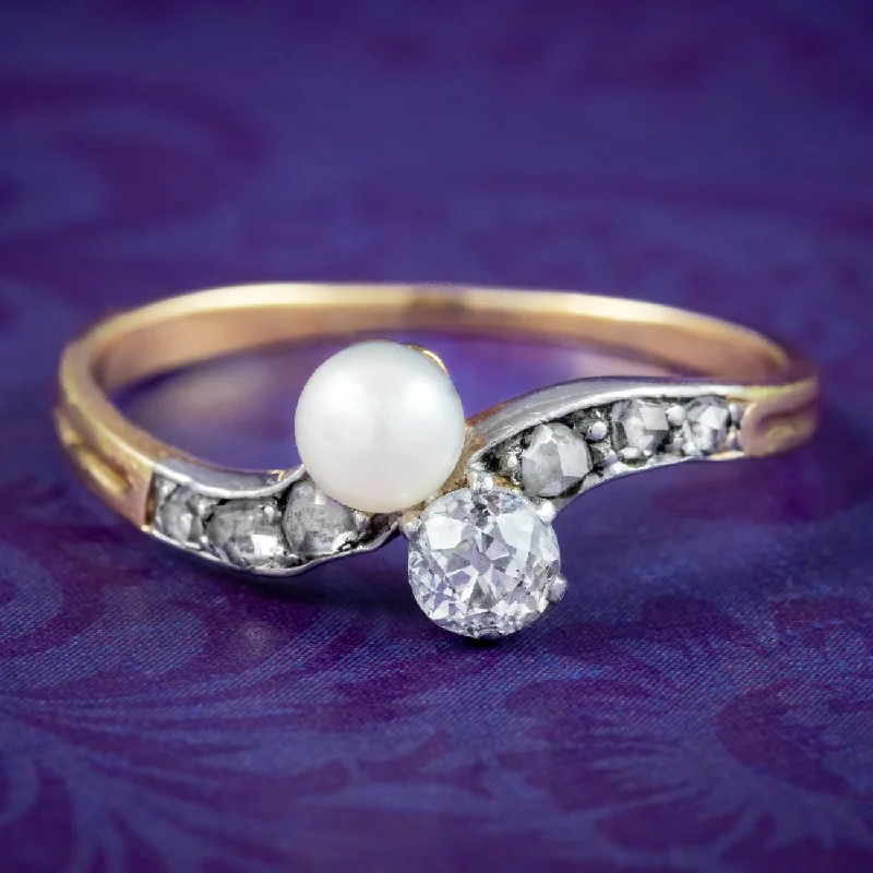 Bamboo style rings-Antique Edwardian Diamond Pearl Toi Et Moi Twist Ring