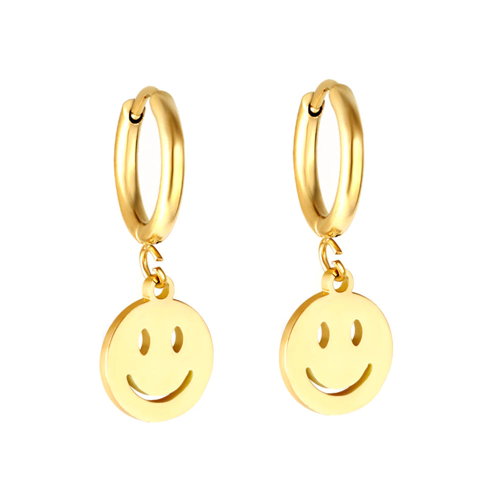 Textured disc earrings-Hypoallergenic Gold Smiley Face Earrings