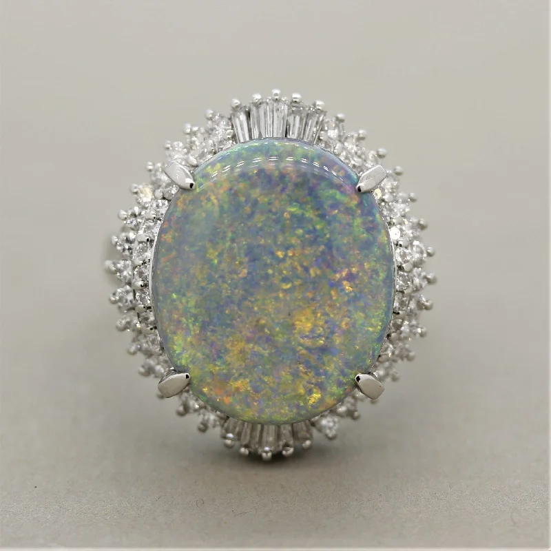 Secure clasp rings-Australian Opal Diamond Platinum Ring