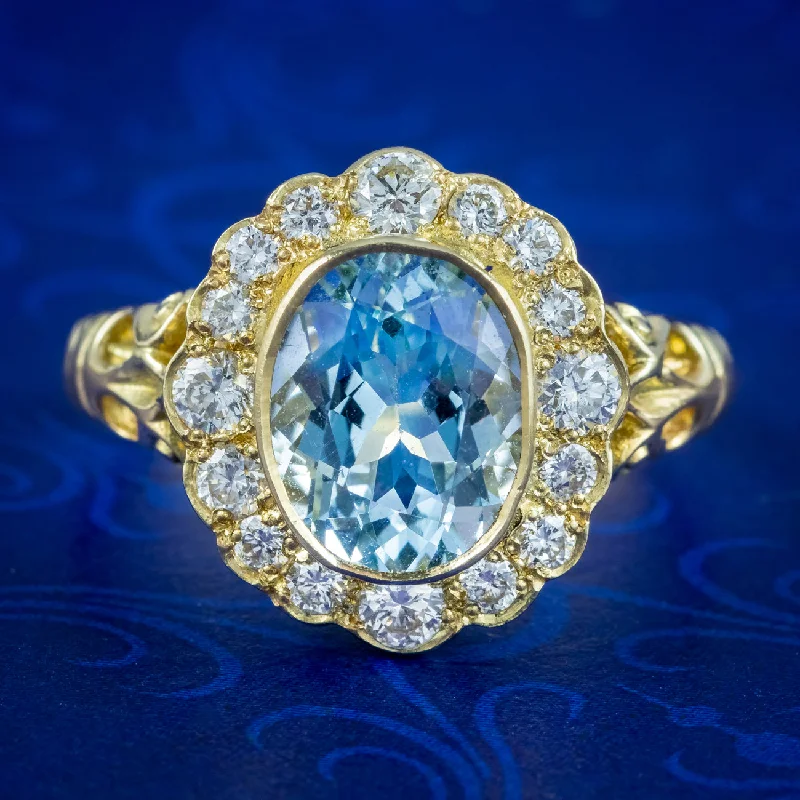 Pink gold rings-Victorian Style Aquamarine Diamond Cluster Ring 2.5ct Aqua