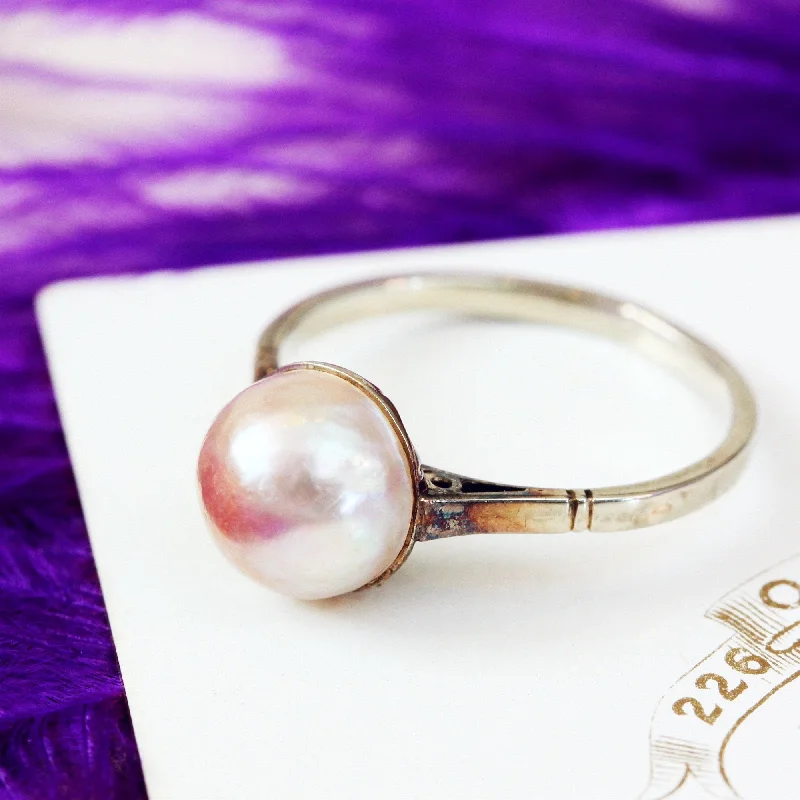 Fiber edge rings-Vintage Glam! 9ct White Gold Mabe Pearl Ring