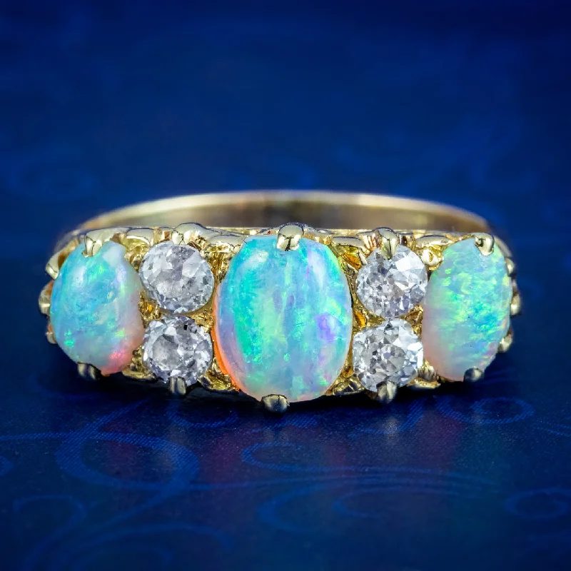 Chunky gem rings-Antique Victorian Opal Diamond Ring 2ct Natural Opals