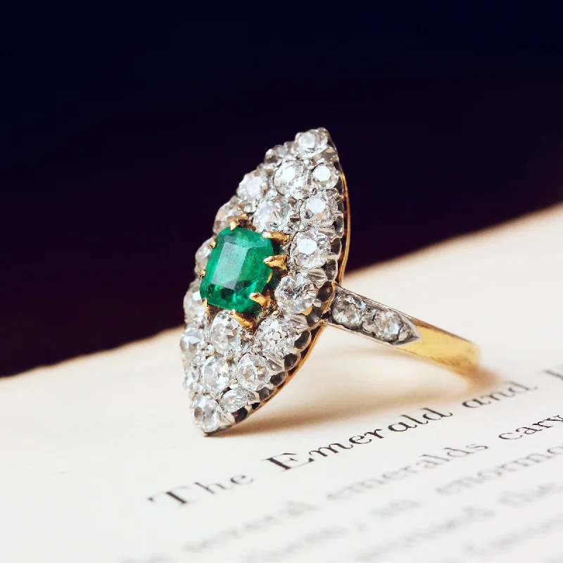 Bold druzy rings-Utterly Charming Edwardian Emerald and Diamond Navette Cluster Ring