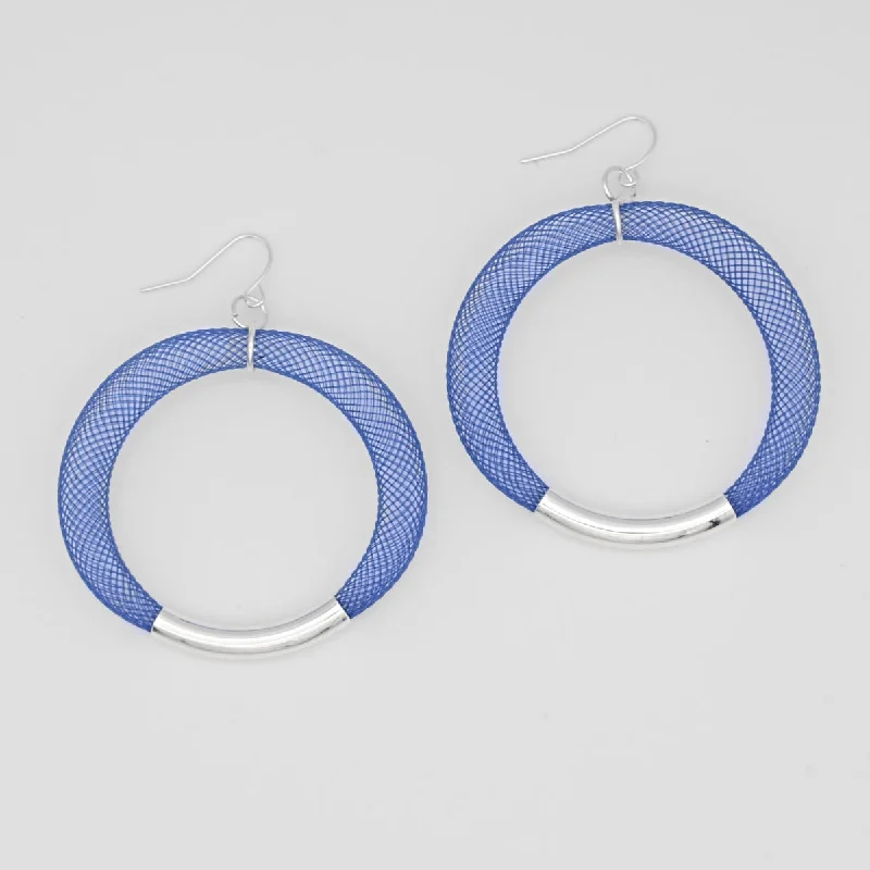 Java charm earrings-Blue and Silver Mesh Hoop Earring