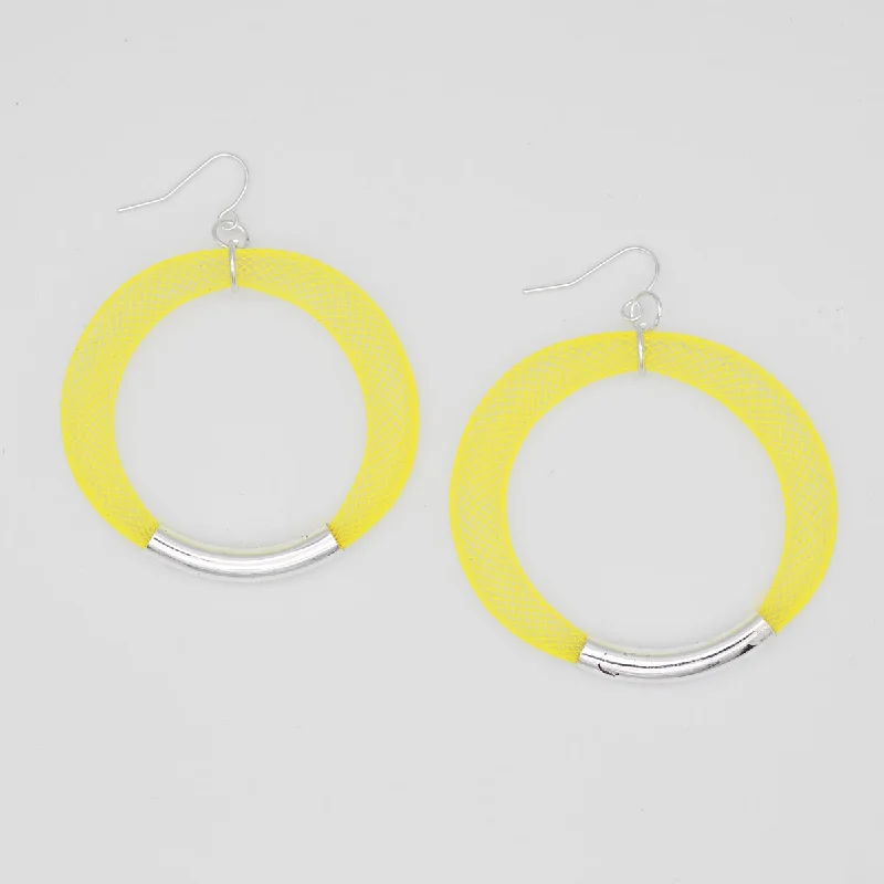 Large hoop earrings-Yellow and Silver Mesh Hoop Earring