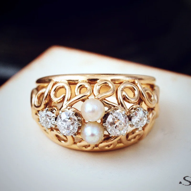 Etched name rings-Extravagant Vintage Diamond & Pearl Boule Cocktail Ring