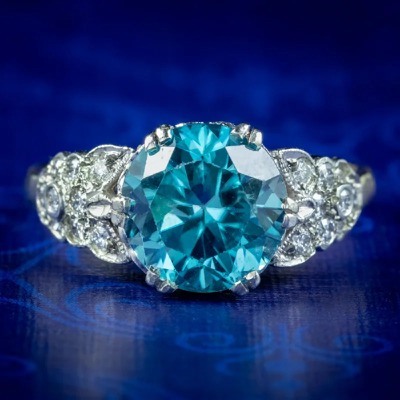 Shiny name rings-Antique Edwardian Blue Zircon Diamond Ring 3.6ct Zircon