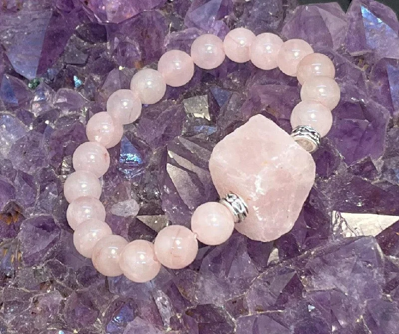 Wide gold bangles-8mm Rose Quartz with Rough Rose Quartz Stretchy Bracelet