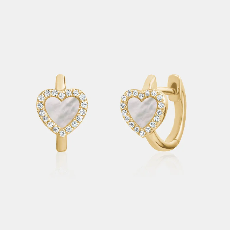 Aquamarine stud earrings-Diamond Mother of Pearl Heart Huggies