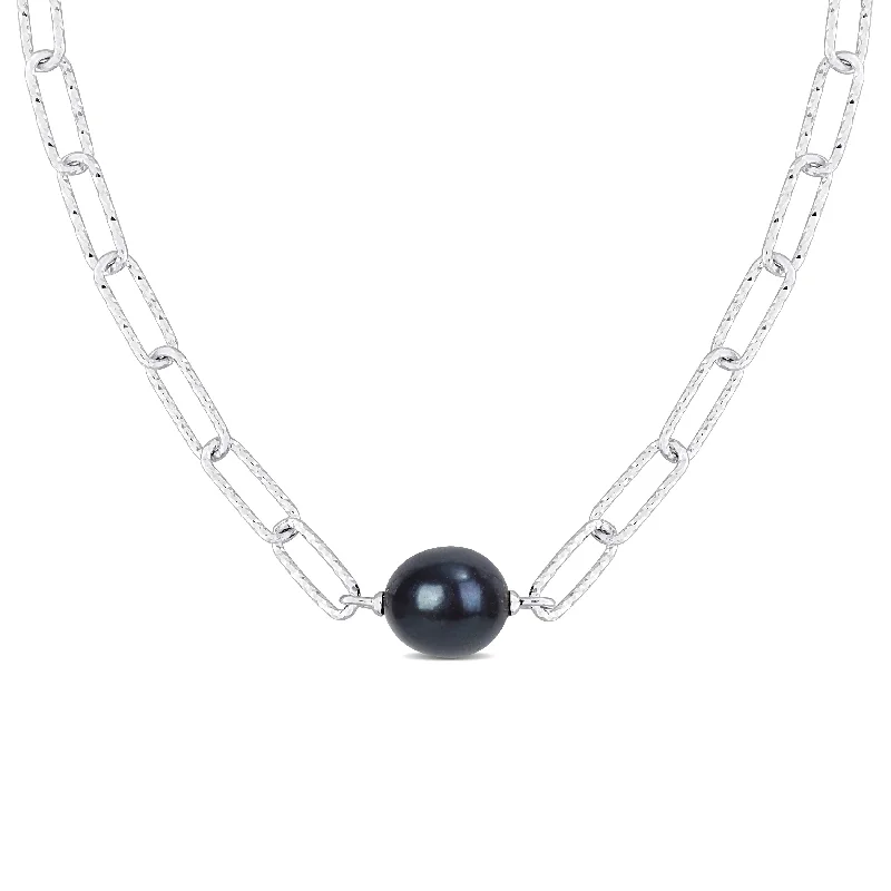 Miadora 11-12mm Black Cultured Freshwater Baroque Pearl Paperclip Necklace in Sterling Silver