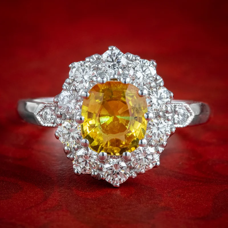 Bold geometric rings-Edwardian Style Yellow Sapphire Diamond Cluster Ring 0.60ct Sapphire