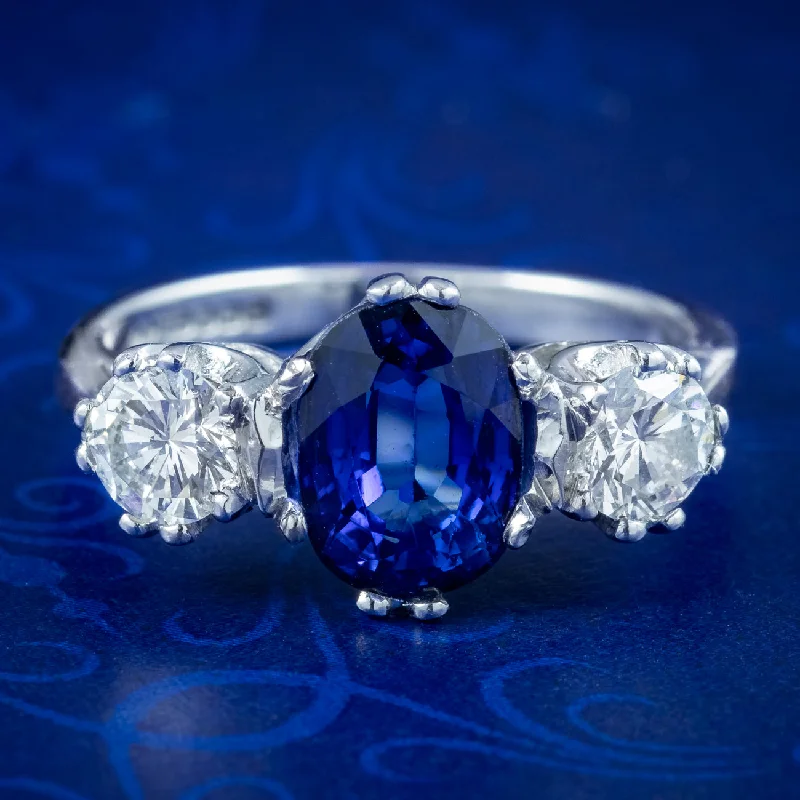 Faith charm rings-Edwardian Style Sapphire Diamond Trilogy Ring 2ct Sapphire