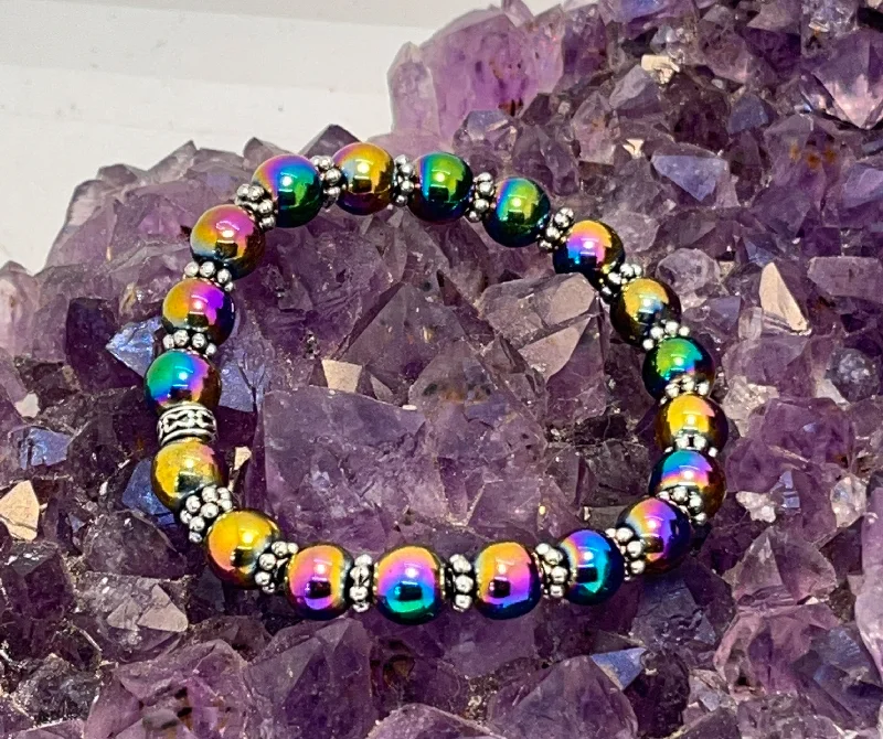 Ethnic weave bangles-Rainbow Hematite Stretchy Bracelet w/Tibetan Silver spacers