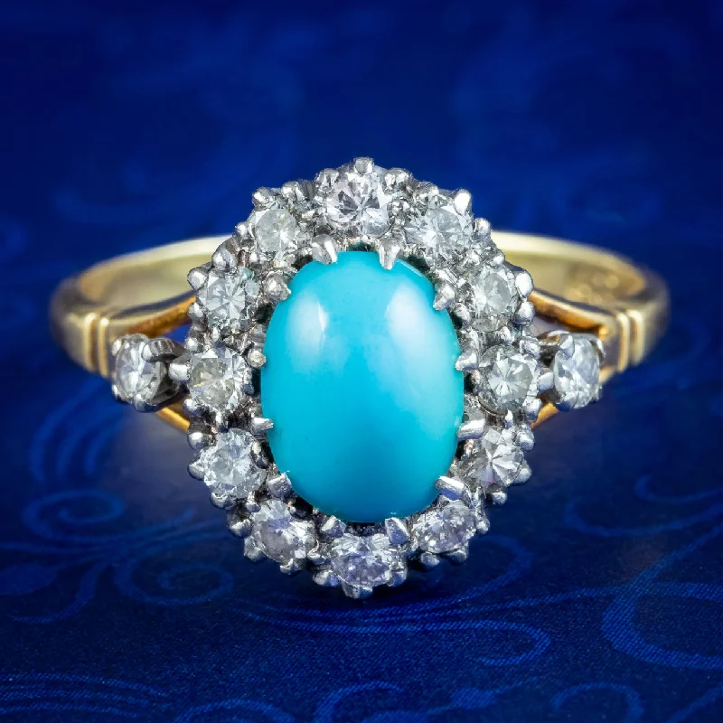 Wide geometric rings-Vintage Turquoise Diamond Cluster Ring Dated 1968