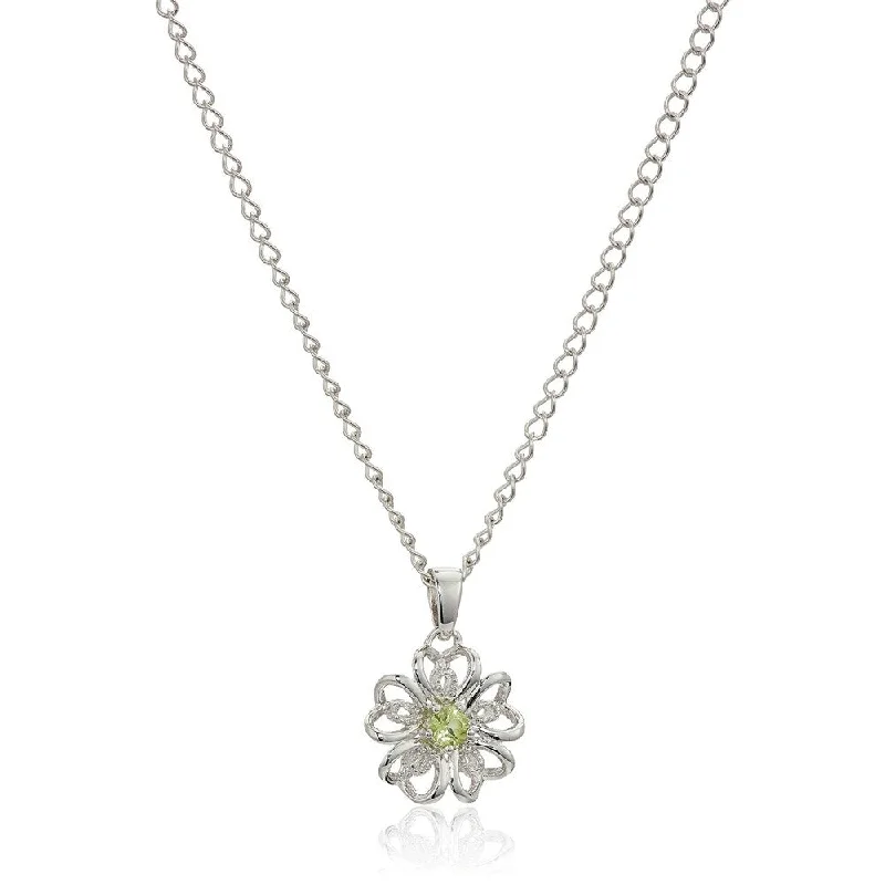 Sterling Silver Peridot Flower Pendant Necklace, 18" - Green