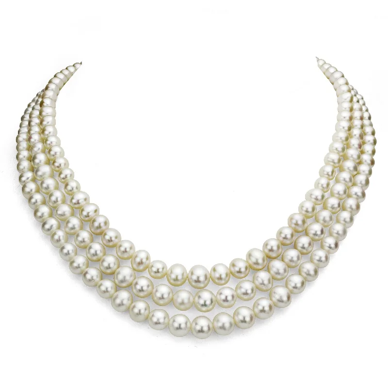 DaVonna Sterling Silver Graduated 4-8.5mm White Freshwater Pearl 3-rows Choker Necklace, 16"