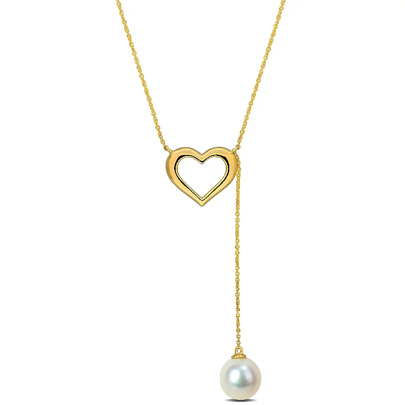 Miadora 8-8.5mm Cultured Freshwater Pearl Heart Lariat Necklace in 10k Yellow Gold - 17+1 in